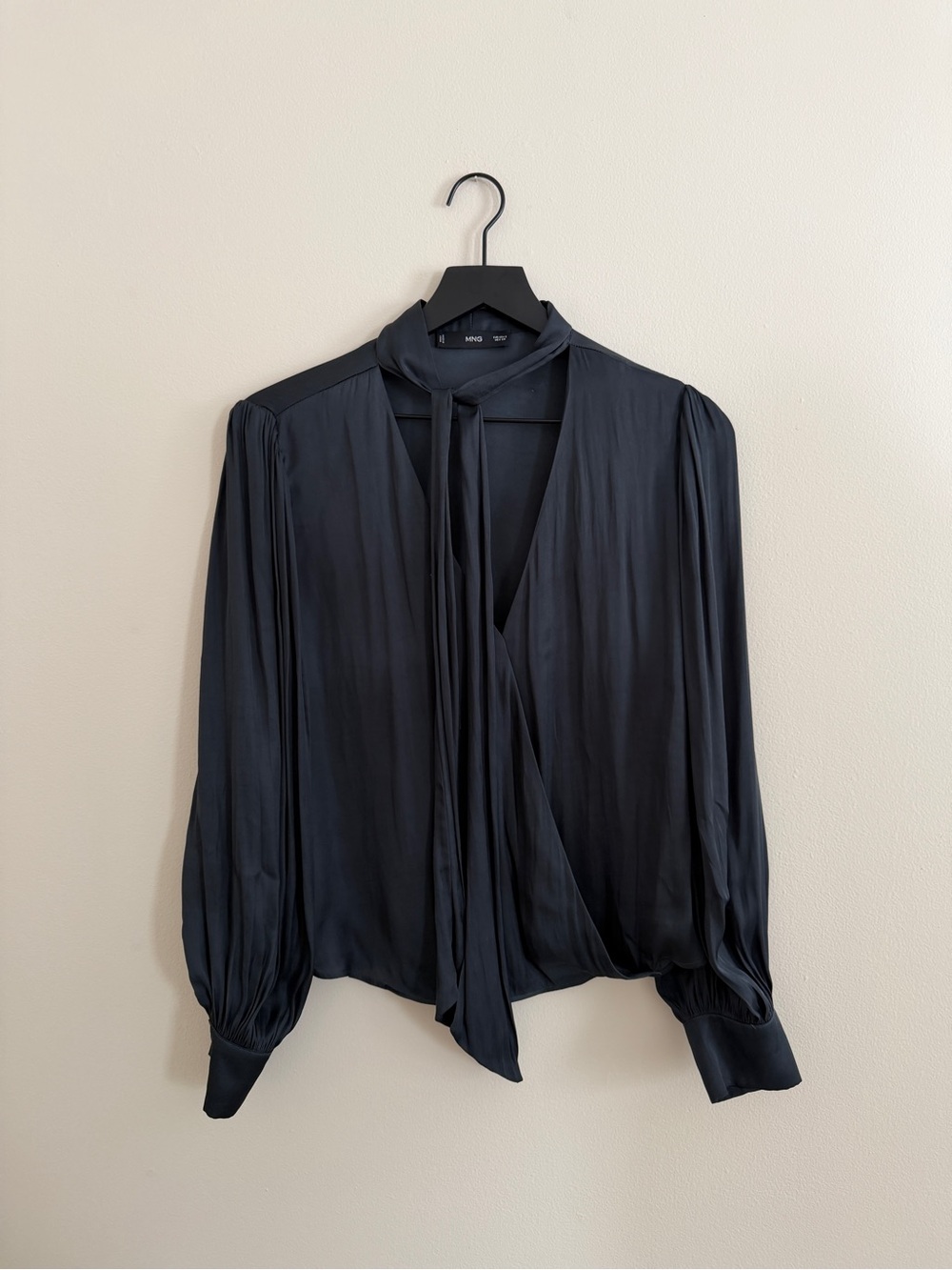 Mango Black Satin Tie-Neck Blouse with Long Puff Sleeves